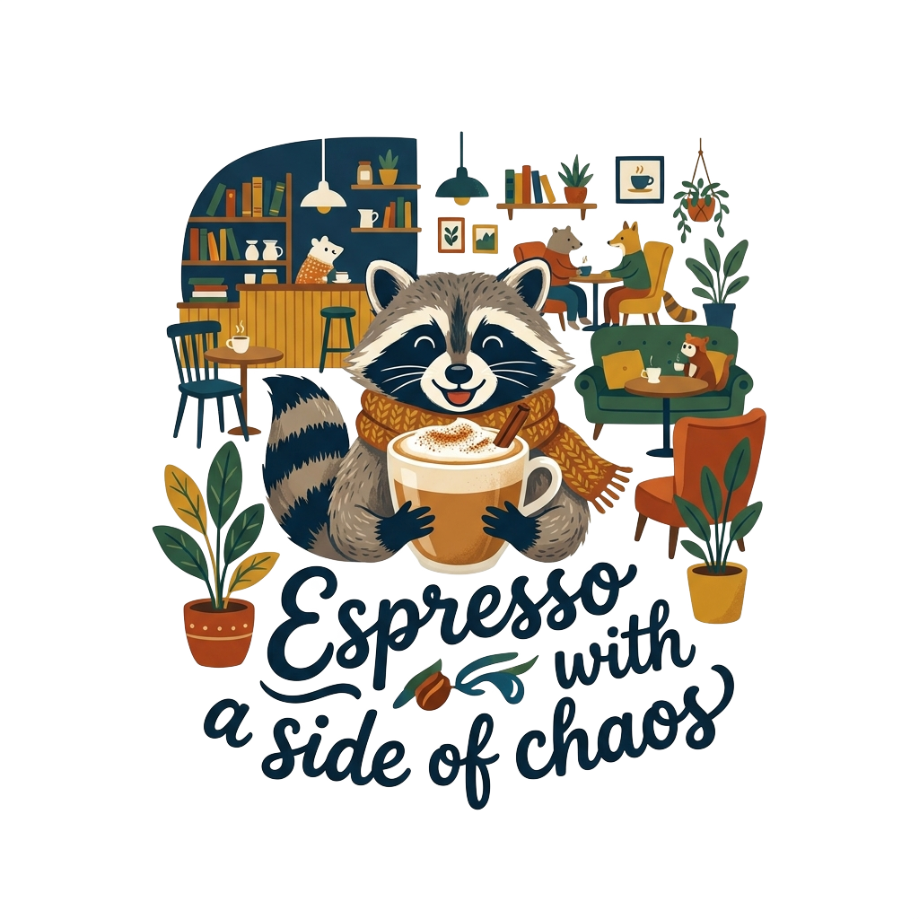 illustrate a raccoon enjoying a latte with the words "Espresso with a side of chaos" hand-lettered across the bottom in bold correctly-spelled type, in a cozy café setting with whimsical colors.