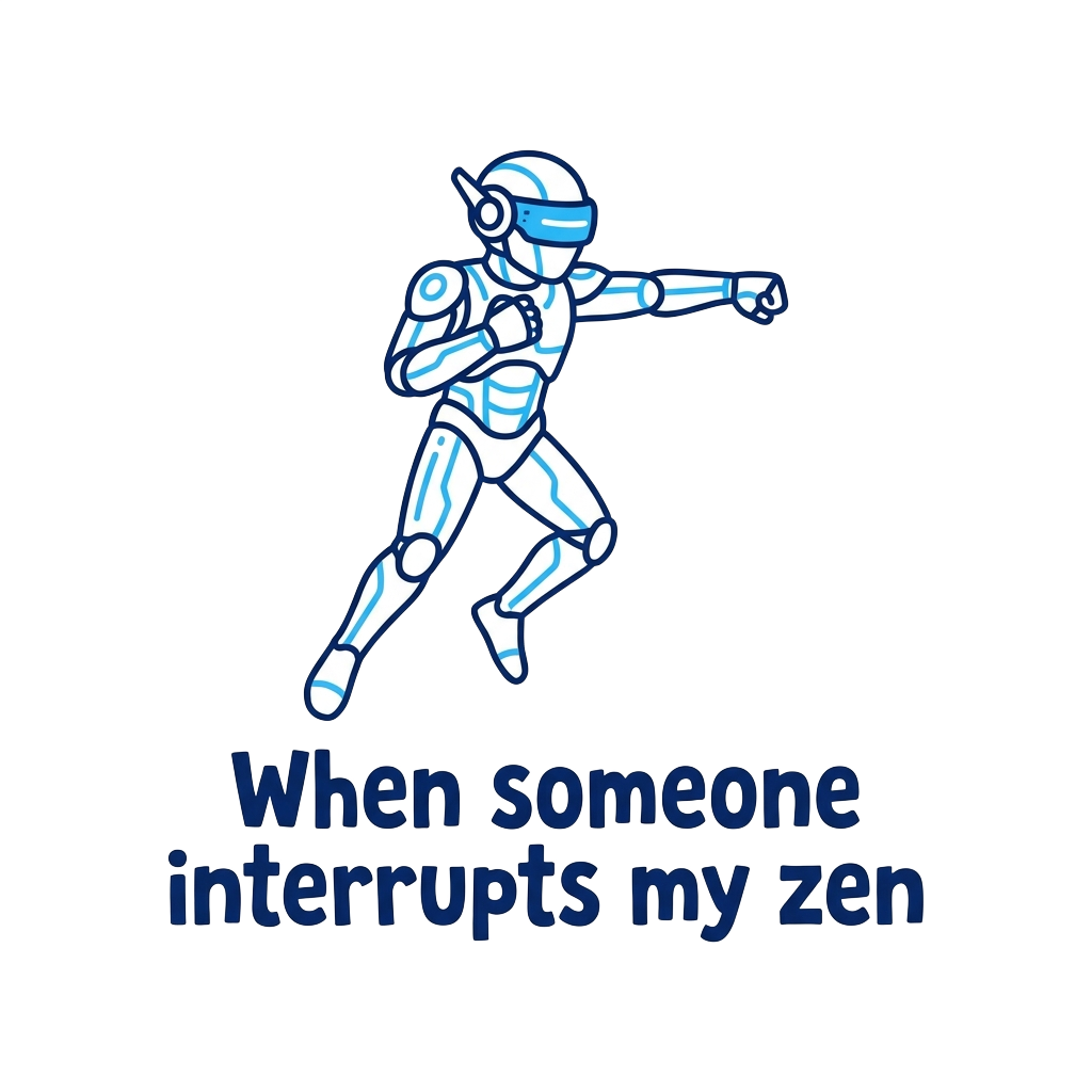 A single-frame minimalistic outline of an AI character mid-punch, with the words "When someone interrupts my zen" hand-lettered across the bottom in bold correctly-spelled type.
