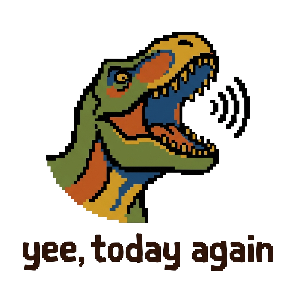 A clean retro pixel or line-art version of a dinosaur mid-YEE scream, with the words "yee, today again" hand-lettered across the bottom in bold correctly-spelled type.