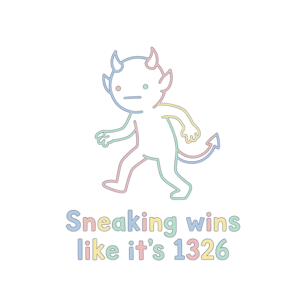 A deadpan pastel line-art of an imp tiptoeing, with the words "Sneaking wins like it’s 1326" hand-lettered across the bottom in bold correctly-spelled type.