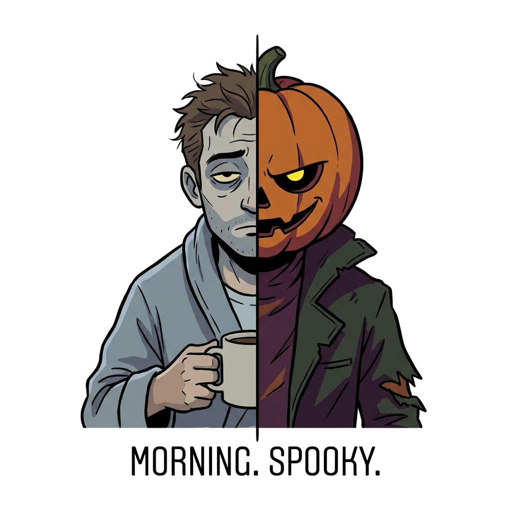A split-face caricature: left side a plain morning character, right side a spooky version with a minimalist pumpkin helmet, dry humor, muted colors, and minimal backdrop.
