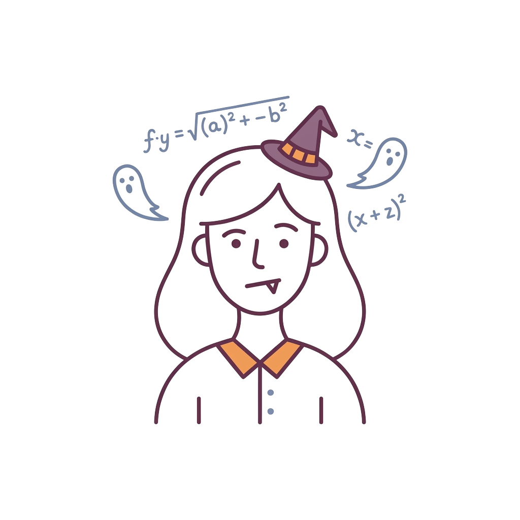 A minimalist outline of a confused math lady with a tiny witch hat and fang, ghostly formulae circling her head, playful and seasonally relevant, soft colors and light composition.