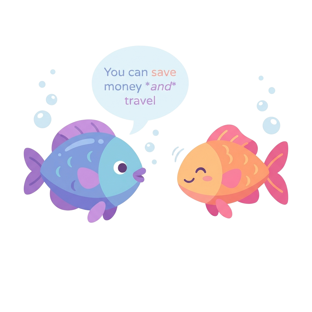 Two cartoon fishes calmly facing each other, one with a speech bubble saying "You can save money *and* travel", the other nodding in mild agreement, soft pastel colors, simple background.