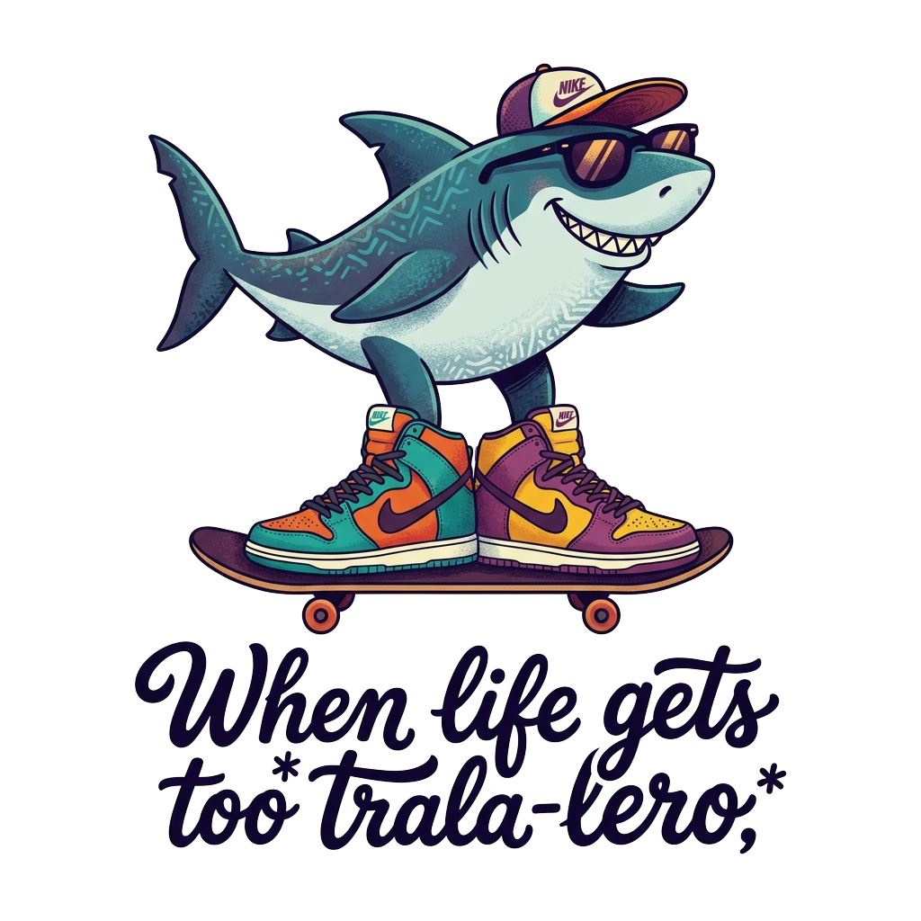 A whimsical illustration of a shark in Nikes, with the words "When life gets too *trala‑lero,*" hand-lettered across the bottom in bold correctly-spelled type.