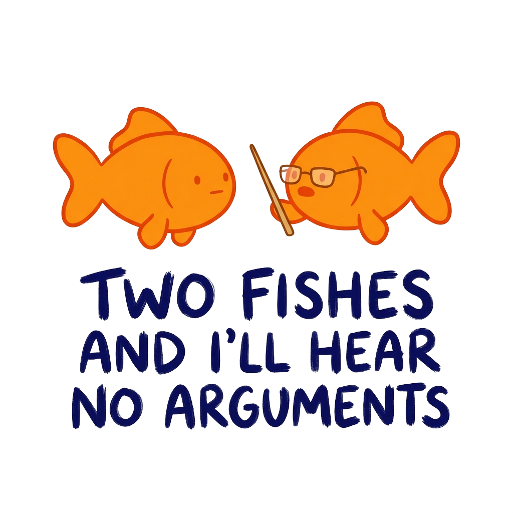 A pair of minimalist goldfish, one wearing tiny glasses and holding a pointer, with the words "Two fishes and I’ll hear no arguments" hand-lettered across the bottom in bold correctly-spelled type.