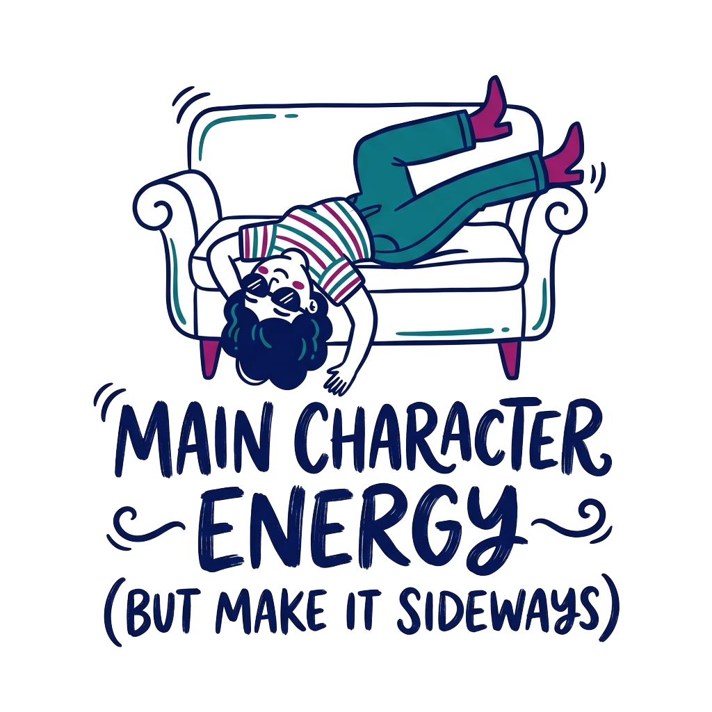 A chic doodle character lounging in an upside-down position, with the words "Main character energy (but make it sideways)" hand-lettered across the bottom in bold correctly-spelled type.