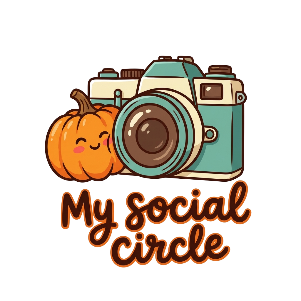 A kawaii mini-pumpkin with a smiling face pressed against a camera lens, with the words "My social circle" hand-lettered across the bottom in bold correctly-spelled type.