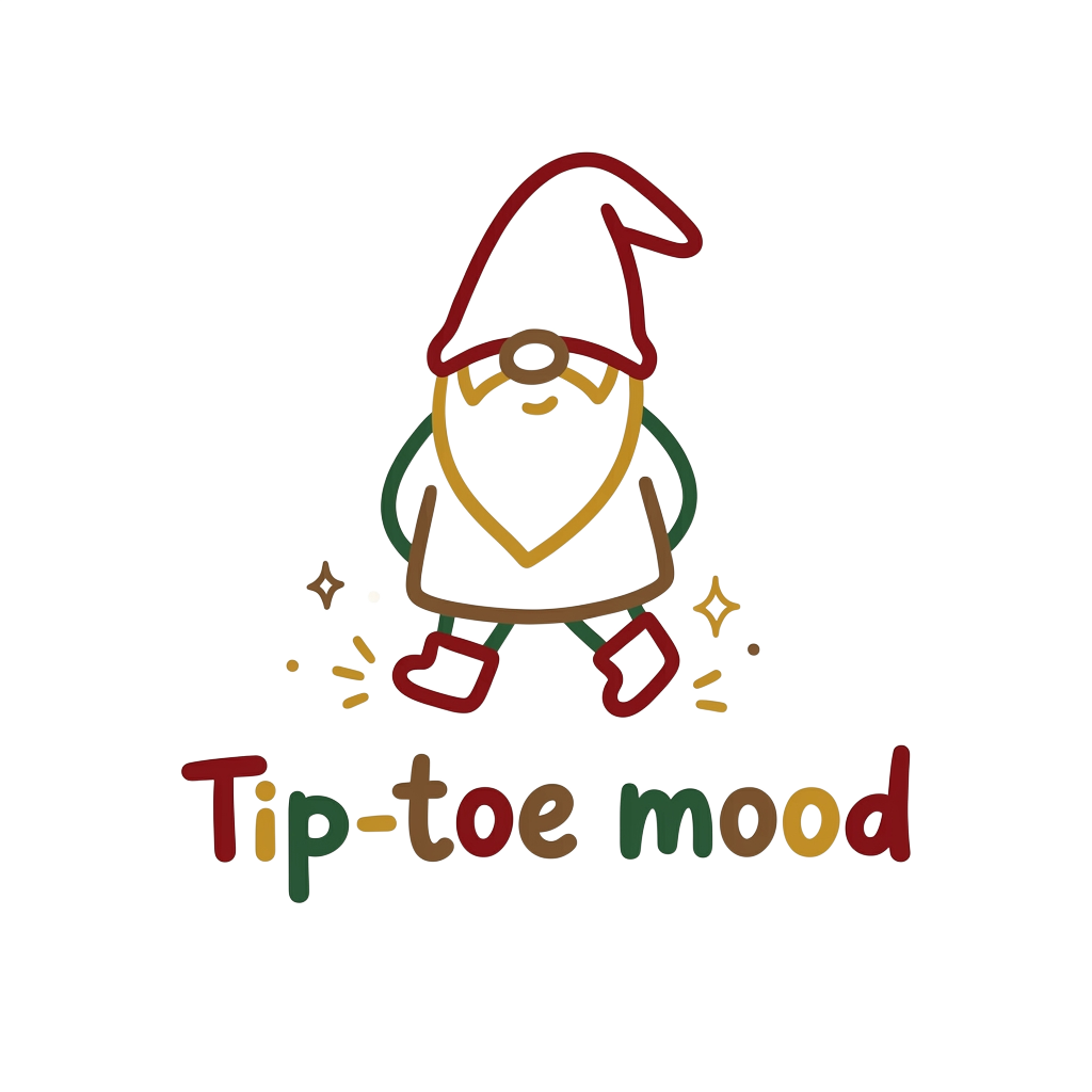 a minimalist, chunky-line gnome tiptoeing with tiny sparkles, with the words "Tip-toe mood" hand-lettered across the bottom in bold correctly-spelled type