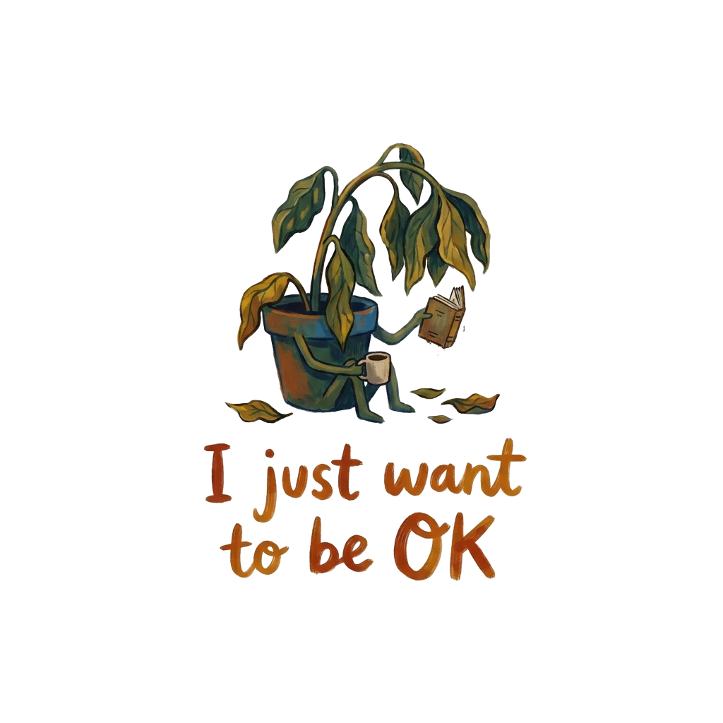 a small vignette featuring a wilting plant doing something mundane, with the words "I just want to be OK" hand-lettered across the bottom in bold correctly-spelled type