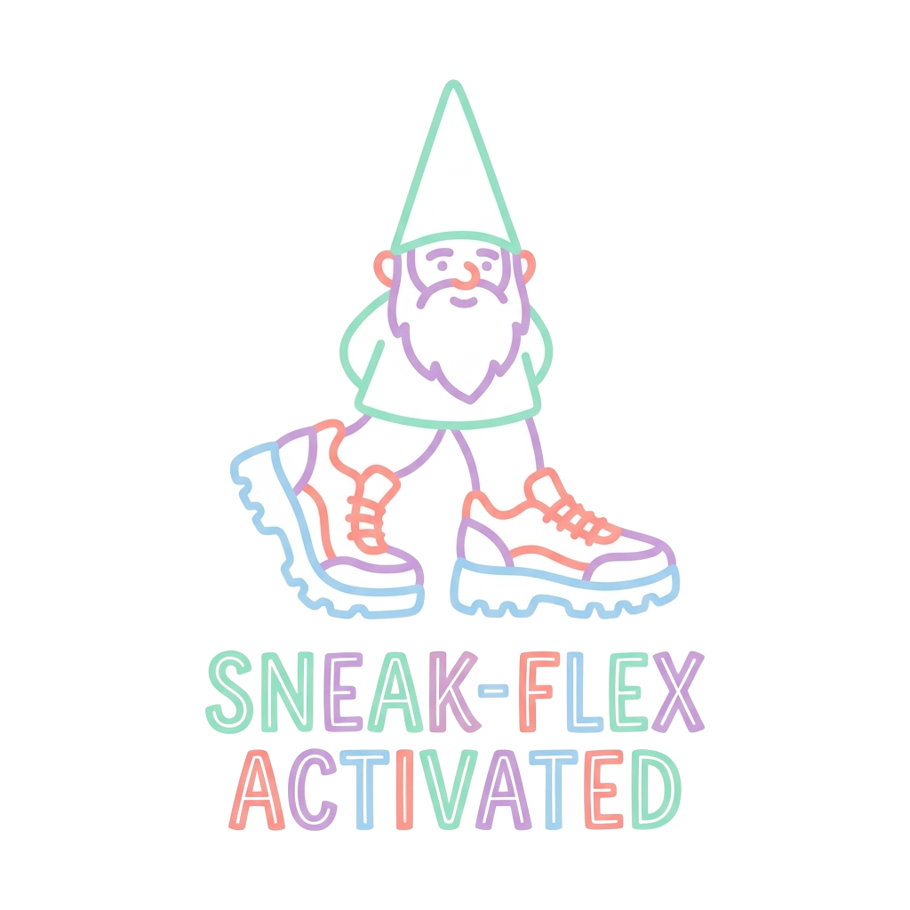 A pastel-lined, minimalist gnome mid-tiptoe in oversized sneakers, with the words "sneak-flex activated" hand-lettered across the bottom in bold correctly-spelled type.