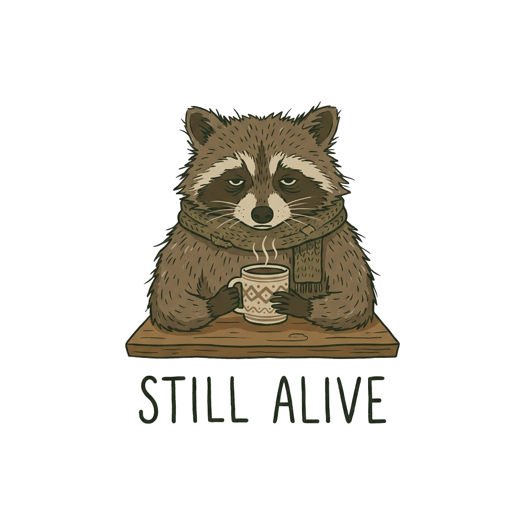 A sleepy, scruffy raccoon with a cup of coffee, depicted in a cozy cottagecore/minimalist style, evoking dry humor and relatable exhaustion with the words "Still alive".