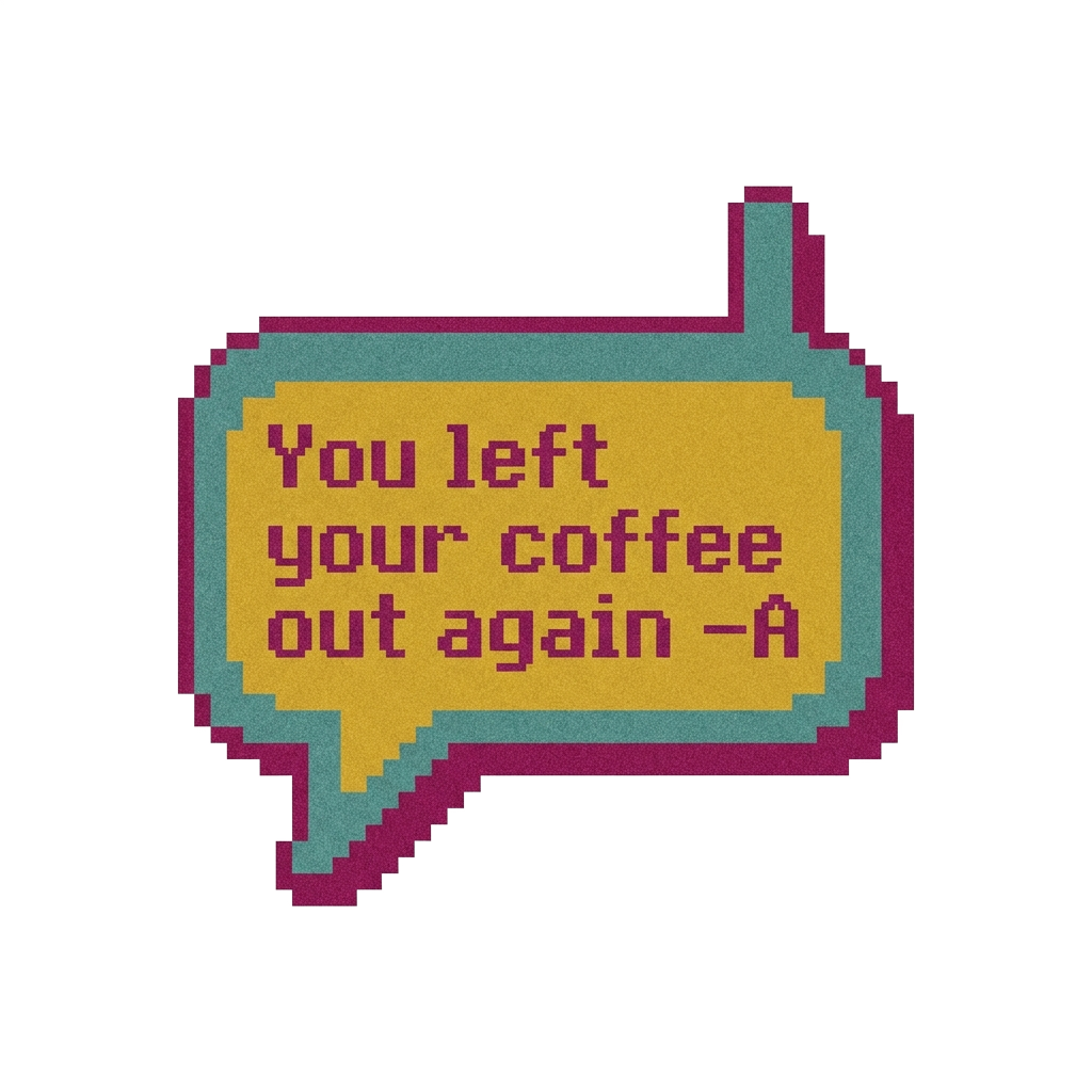 A retro phone bubble with the words "You left your coffee out again –A" in a minimalist, grainy Y2K aesthetic, evoking deadpan humor and drama.