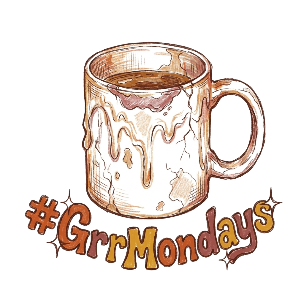 Custom sticker: A textured line drawing of a soggy coffee mug half-empty in warm tones, with the words '#GrrMondays' ...