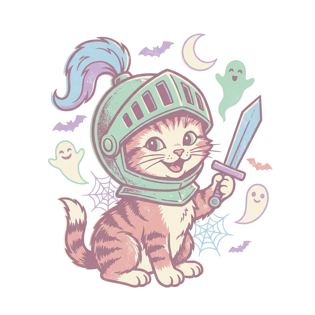 Custom sticker: A grinning kitten in a chunky retro-screen print knight helmet holding a toy sword, surrounded by a p...