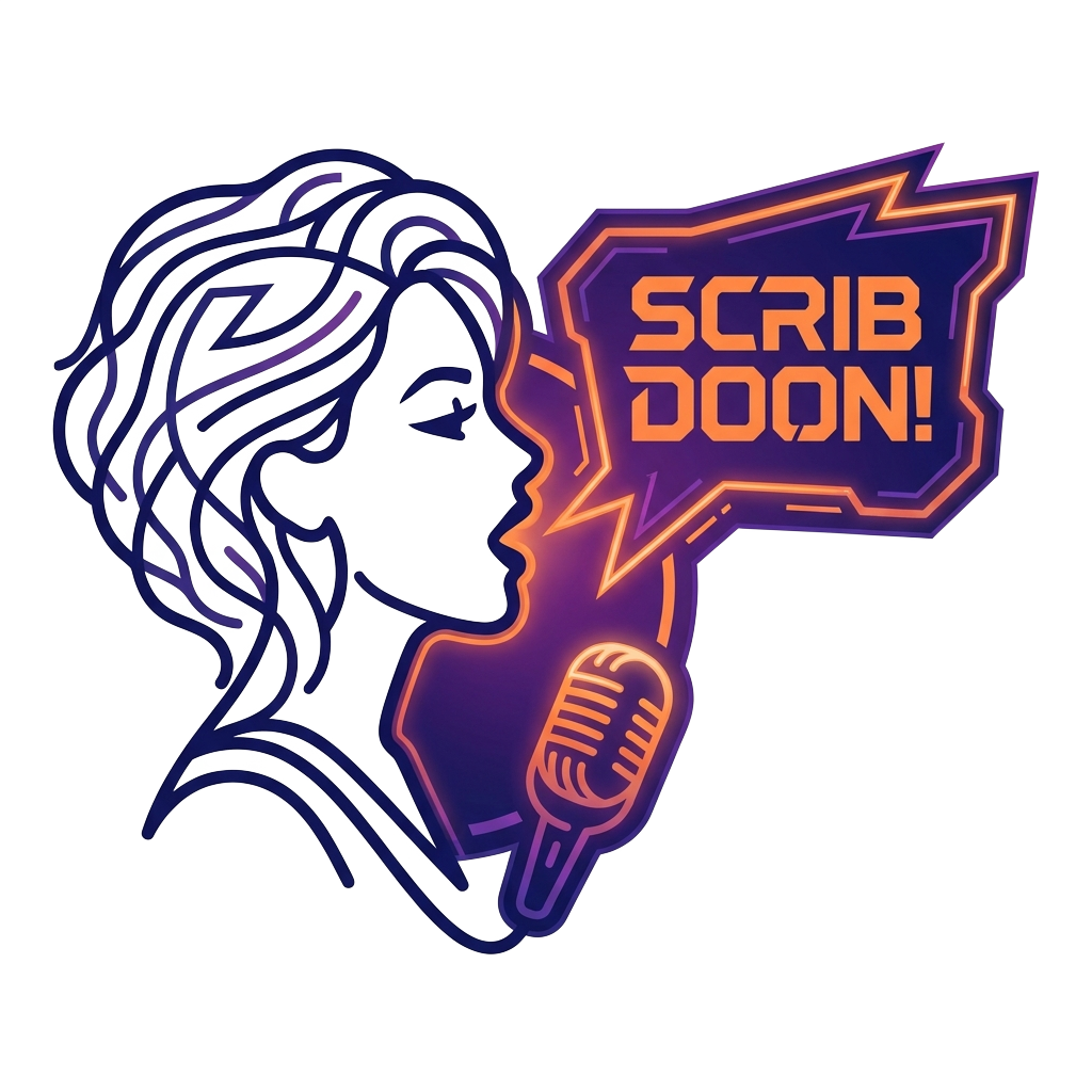 Custom sticker: A minimal-line silhouette of Biddy Blas mid-speech, with a sci-fi touch, shouting "Scrib doon!" in an...
