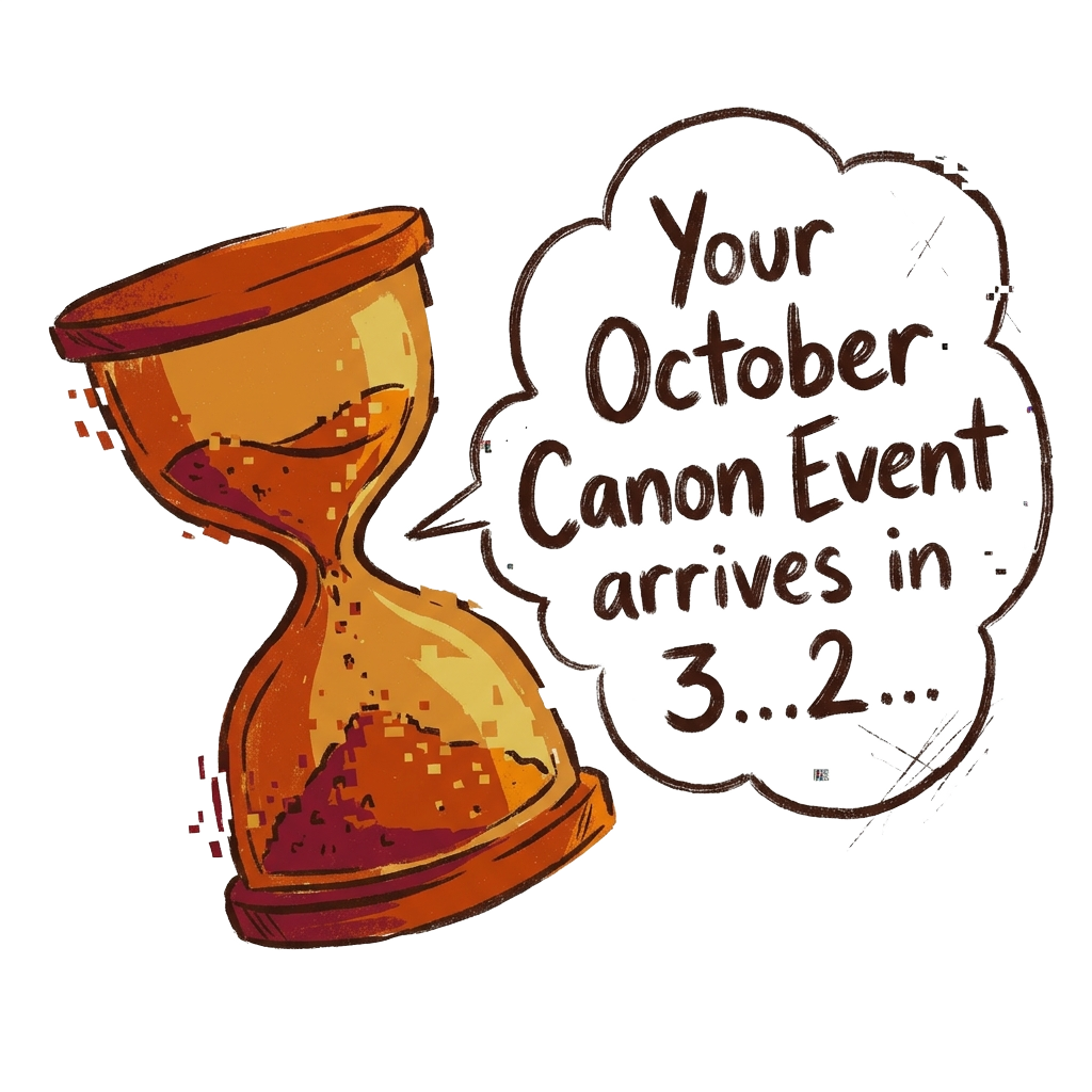 Custom sticker: a minimal, glitchy hourglass tipping over with the words "Your October Canon Event arrives in 3…2…" h...