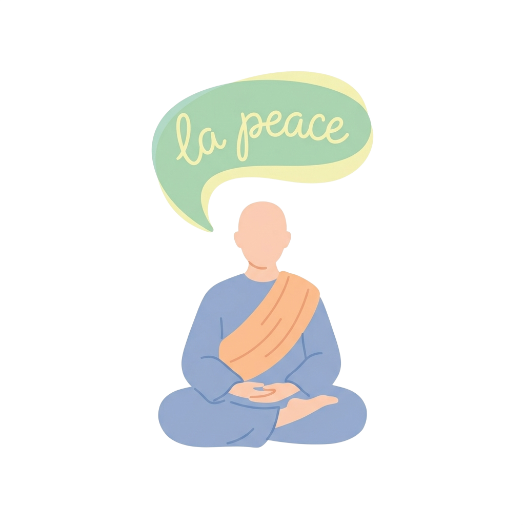 Custom sticker: a minimalist monk meditating with a floating speech bubble saying "la peace" in calming typography, s...