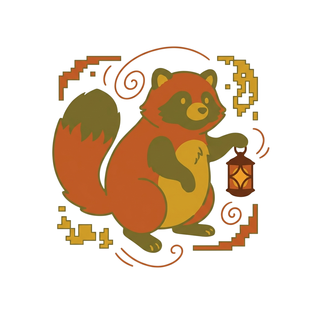 Custom sticker: A cute tanuki in a retro-Y2K silhouette, holding a tiny folkloric lantern, with warm and earthy color...