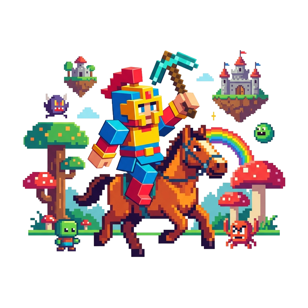 Custom sticker: A blocky warrior with a pickaxe riding a pixel-art horse in a whimsical setting, capturing a gaming m...