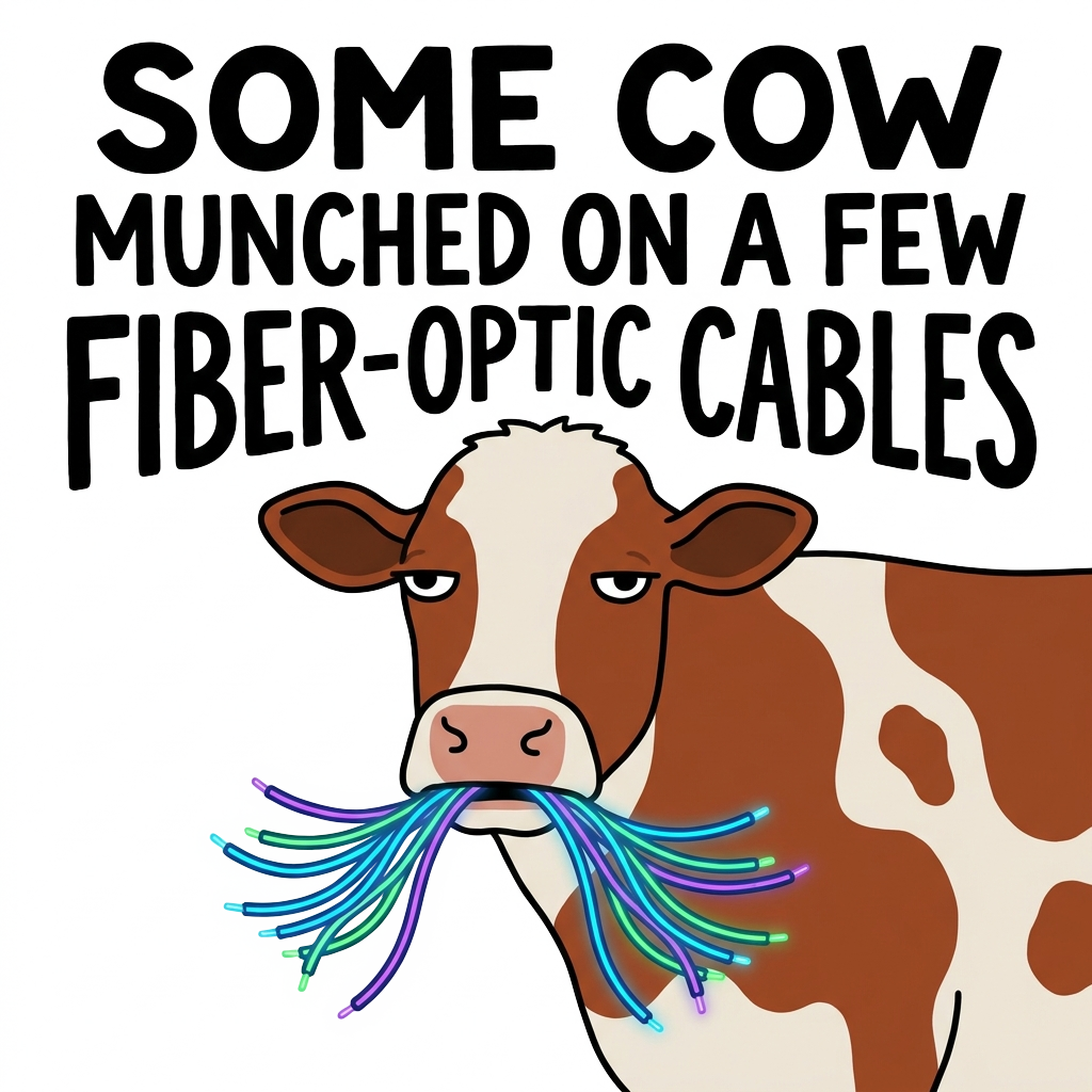 Custom sticker: A deadpan cow chewing on glowing fiber-optic cables, with the words "some cow munched on a few fiber‑...