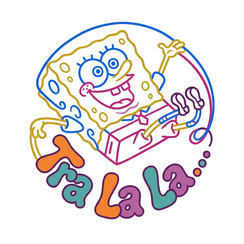 Custom sticker: A Surreal style featuring a minimalist SpongeBob outline in a playful pose, accompanied by retro bubb...