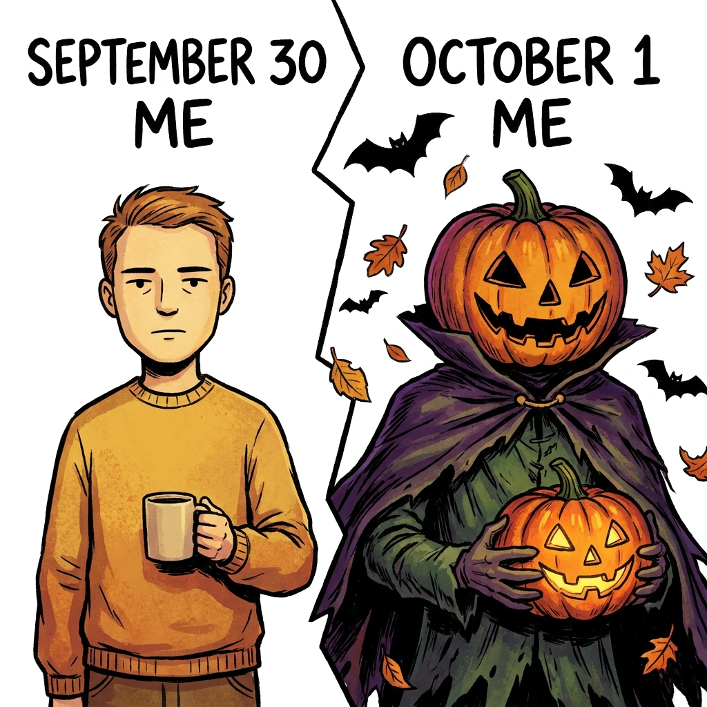 Custom sticker: A simple comic style, depicting a figure with a neutral expression on the left and a pumpkin-headed f...