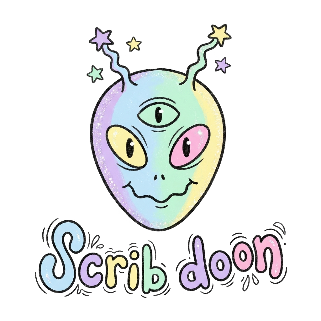 Custom sticker: A whimsical alien head in soft Y2K pastels with the words "Scrib doon" hand-lettered in a playful fon...