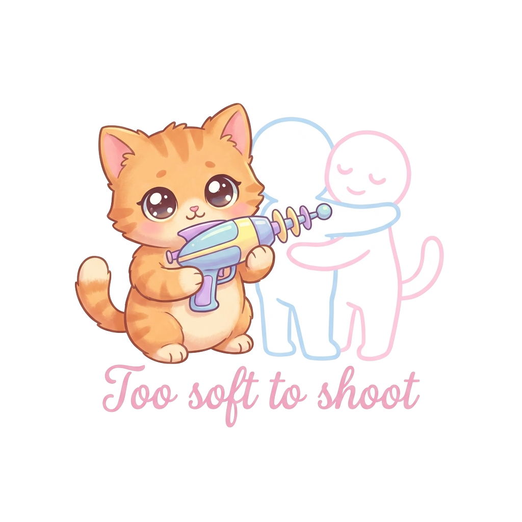 Custom sticker: A soft orange kitten with big eyes and a ray gun, with pastel outlines of a side-hug behind, showing ...