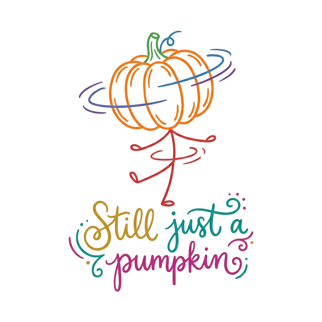 Custom sticker: A simple line drawing of a pumpkin balancing on a stick-figure body mid-spin, with the words "Still j...