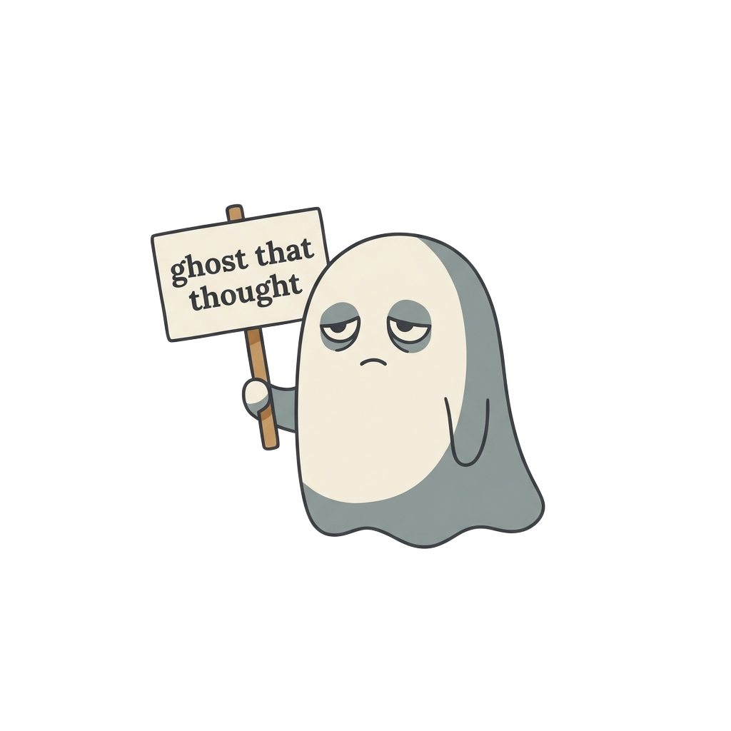 Custom sticker: A soft, minimalist ghost with a tired expression, holding a tiny sign that reads "ghost that thought"...