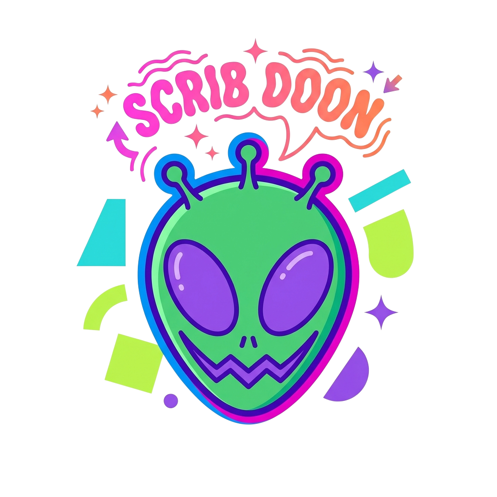 Custom sticker: An expressive alien head with large eyes, shouting "scrib doon" in whispery text, rendered in a minim...