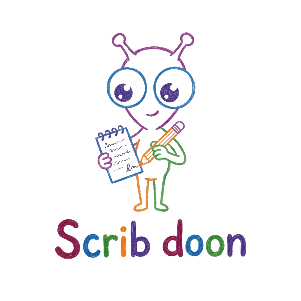 Custom sticker: A minimalist alien with wide eyes, holding a notepad, in a fun doodle style, with the words "Scrib do...