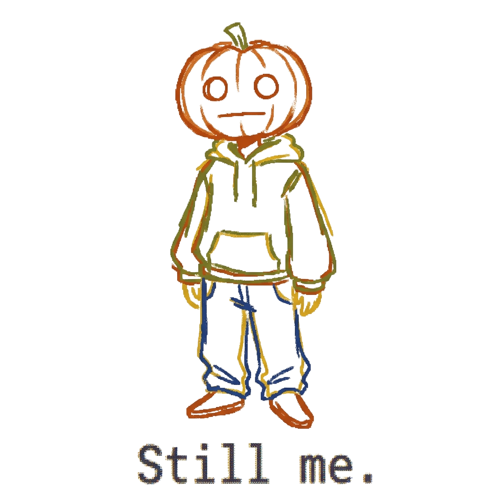 Custom sticker: A loose, grainy Y2K-style sketch of a person with a blank expression having a pumpkin for a head, wit...