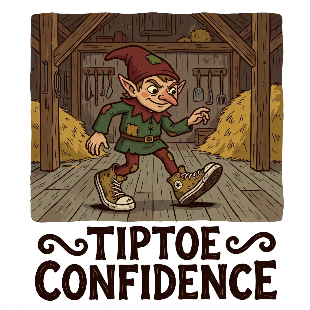 Custom sticker: A gnome-like imp in oversized sneakers tiptoeing in a rustic barn, with the words "Tiptoe confidence"...