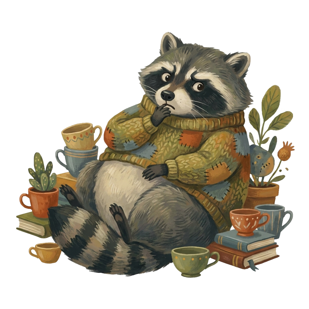 Custom sticker: A round, casually posed raccoon with a slightly puzzled expression, in soft, muted tones, capturing a...