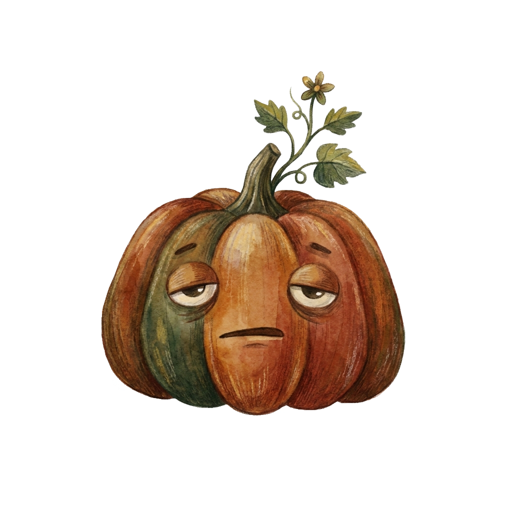 Custom sticker: A cute pumpkin with a bored expression, a small plant sprouting from the top, in earthy tones, exudin...