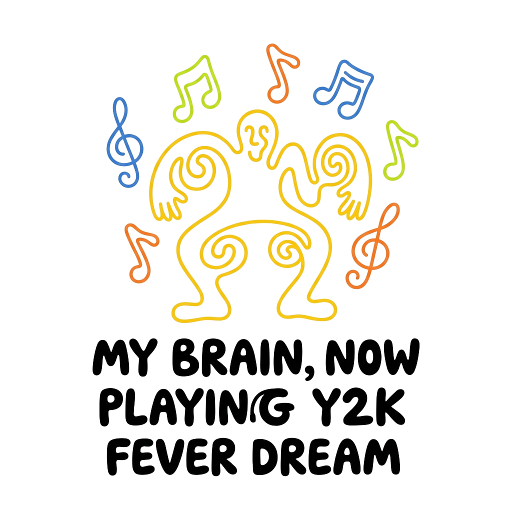 Custom sticker: A warped, minimal-line yellow character with musical notes floating around and the words 'My brain, n...