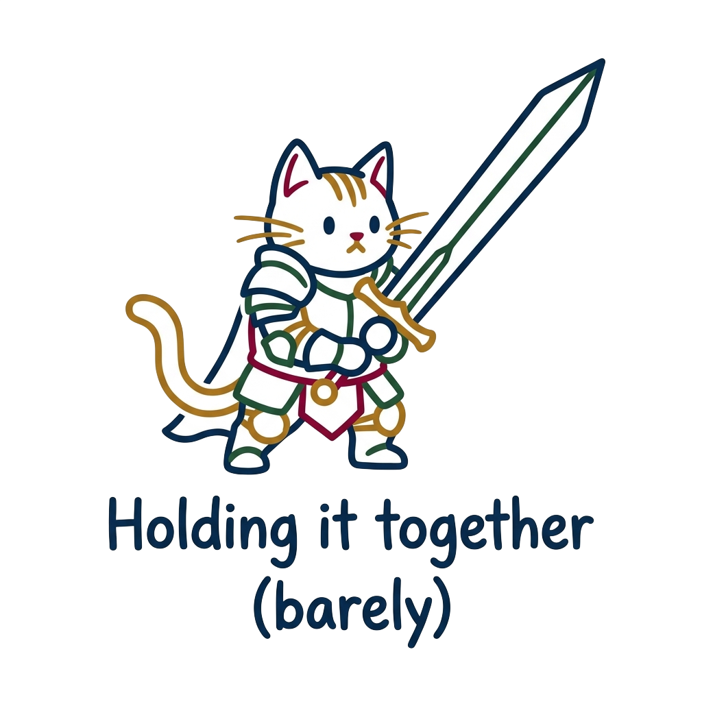 Custom sticker: A minimalist line art of a tiny knight cat in armor holding an oversized sword at an angle, with the ...
