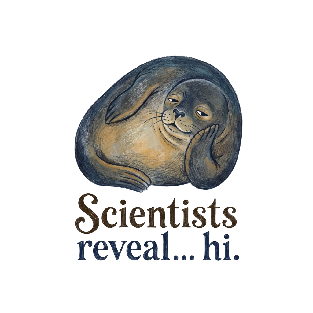 Custom sticker: A sleepy seal leaning in and the words 'Scientists reveal... hi.' hand-lettered across the bottom in ...