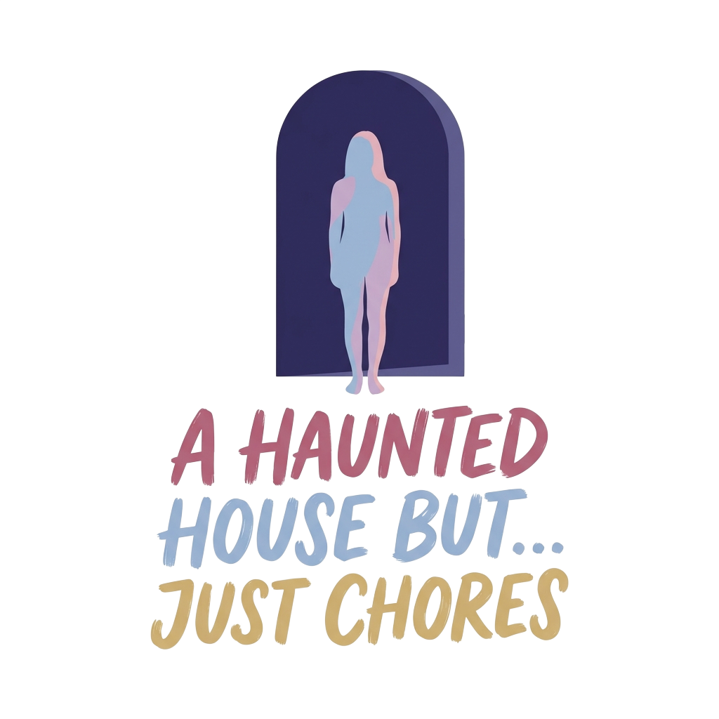 Custom sticker: A pastel-tinged silhouette of a character stepping into a dark doorway with the words "A haunted hous...
