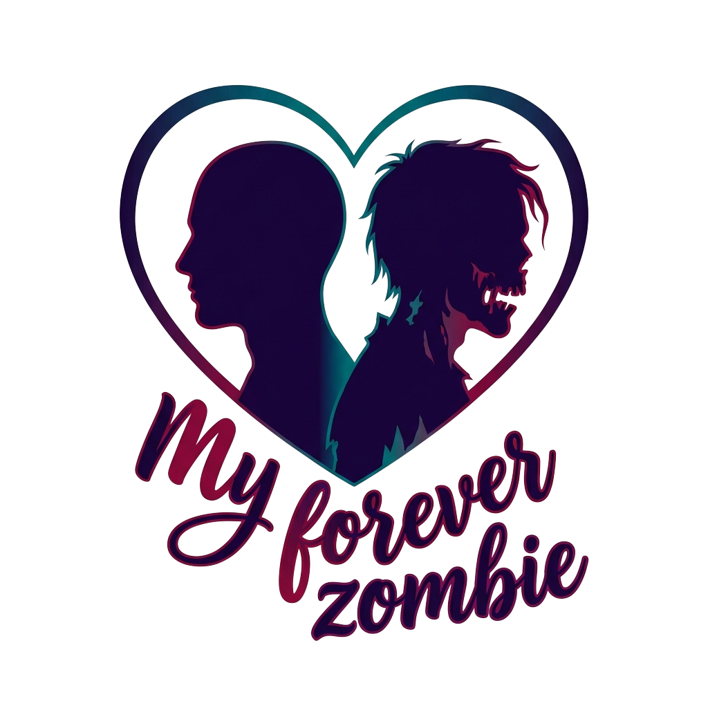 Custom sticker: Two simple portrait silhouettes, one normal and one zombified, framed in a heart with the words "My f...