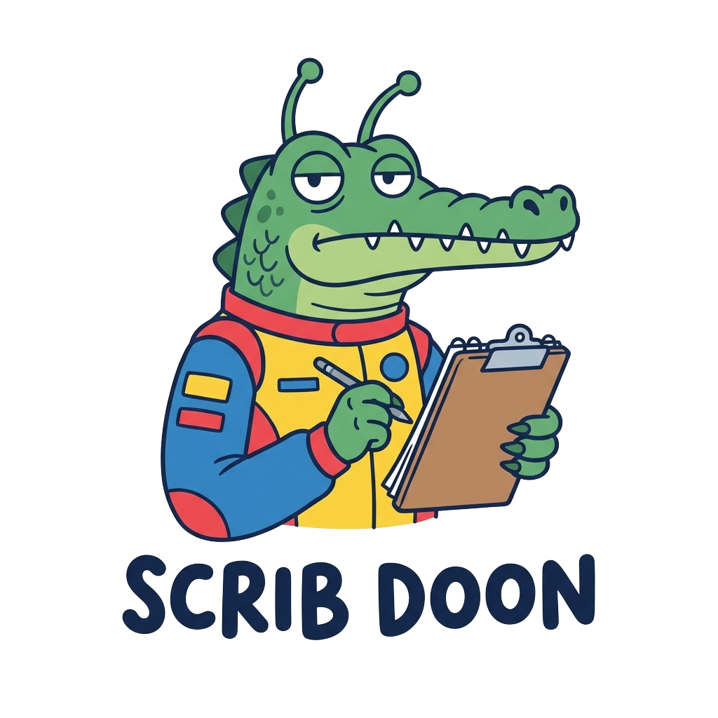 Custom sticker: A deadpan cartoon crocodile alien racer holding a notepad with the phrase "Scrib doon" handwritten be...