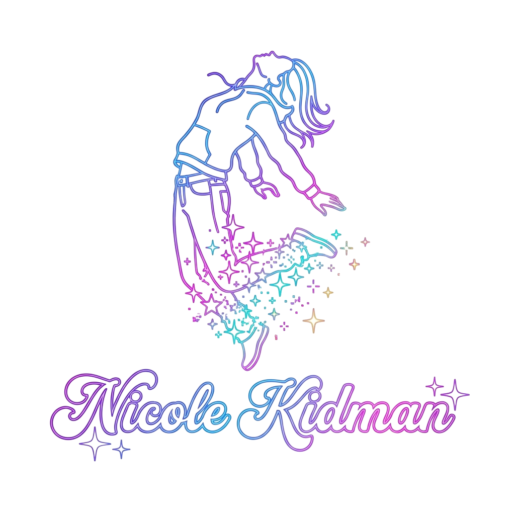 Custom sticker: A sleek, retro Y2K outline of a figure mid-change from casual to sparkly with the words "Nicole Kidma...