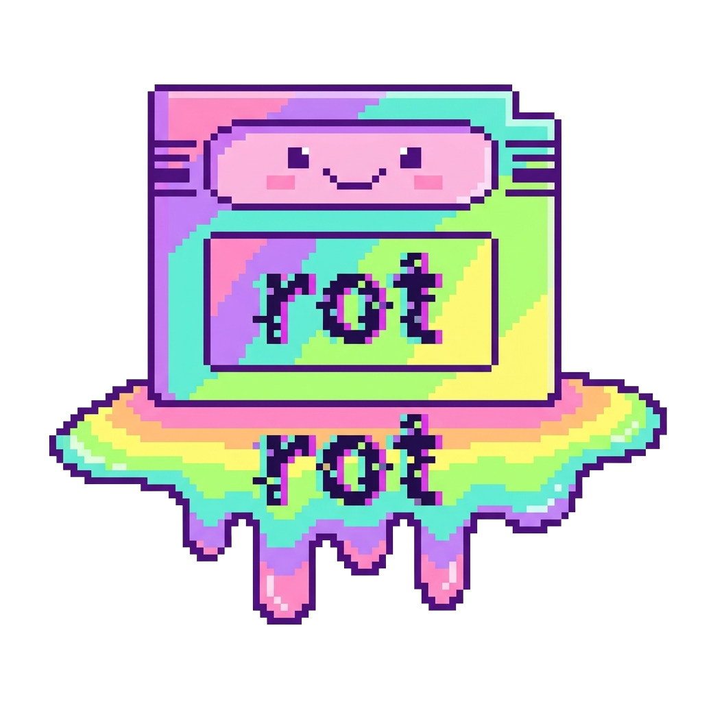 Custom sticker: A cute, glitchy pixel-art game cartridge melting with the word "rot" in static-style text, evoking ka...