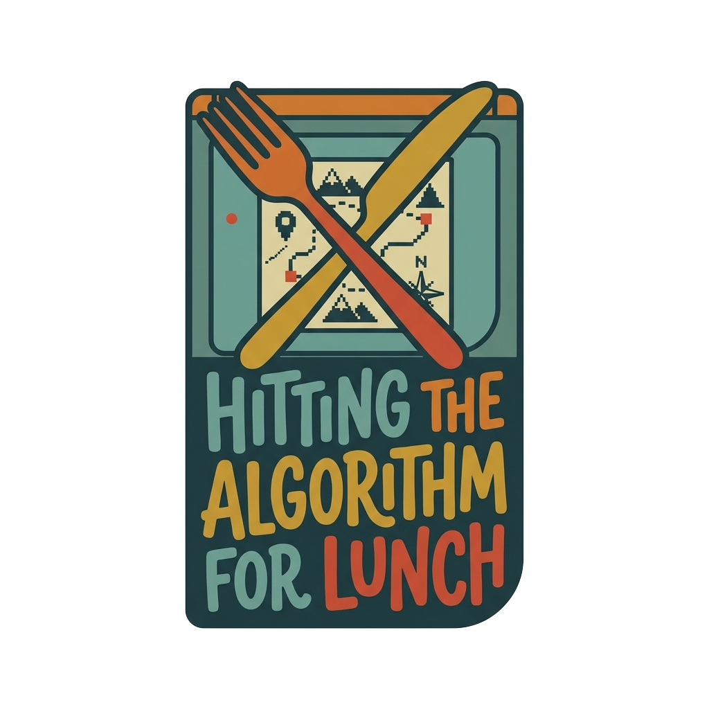 Custom sticker: A retro handheld map icon with a fork-and-knife 'X' mark, with the words "Hitting the algorithm for l...