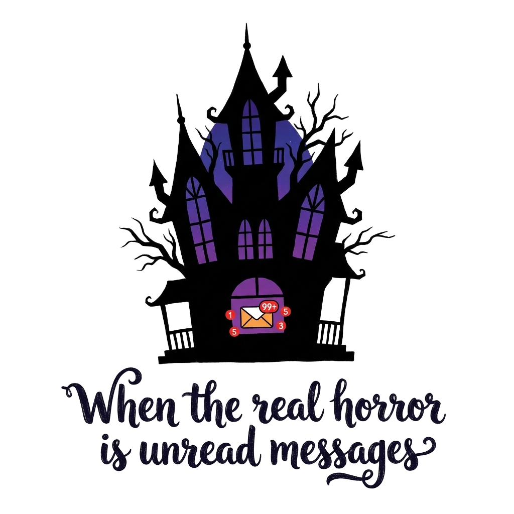 Custom sticker: A spindly silhouette of a haunted house with a tiny inbox icon and red notification bubbles inside, w...