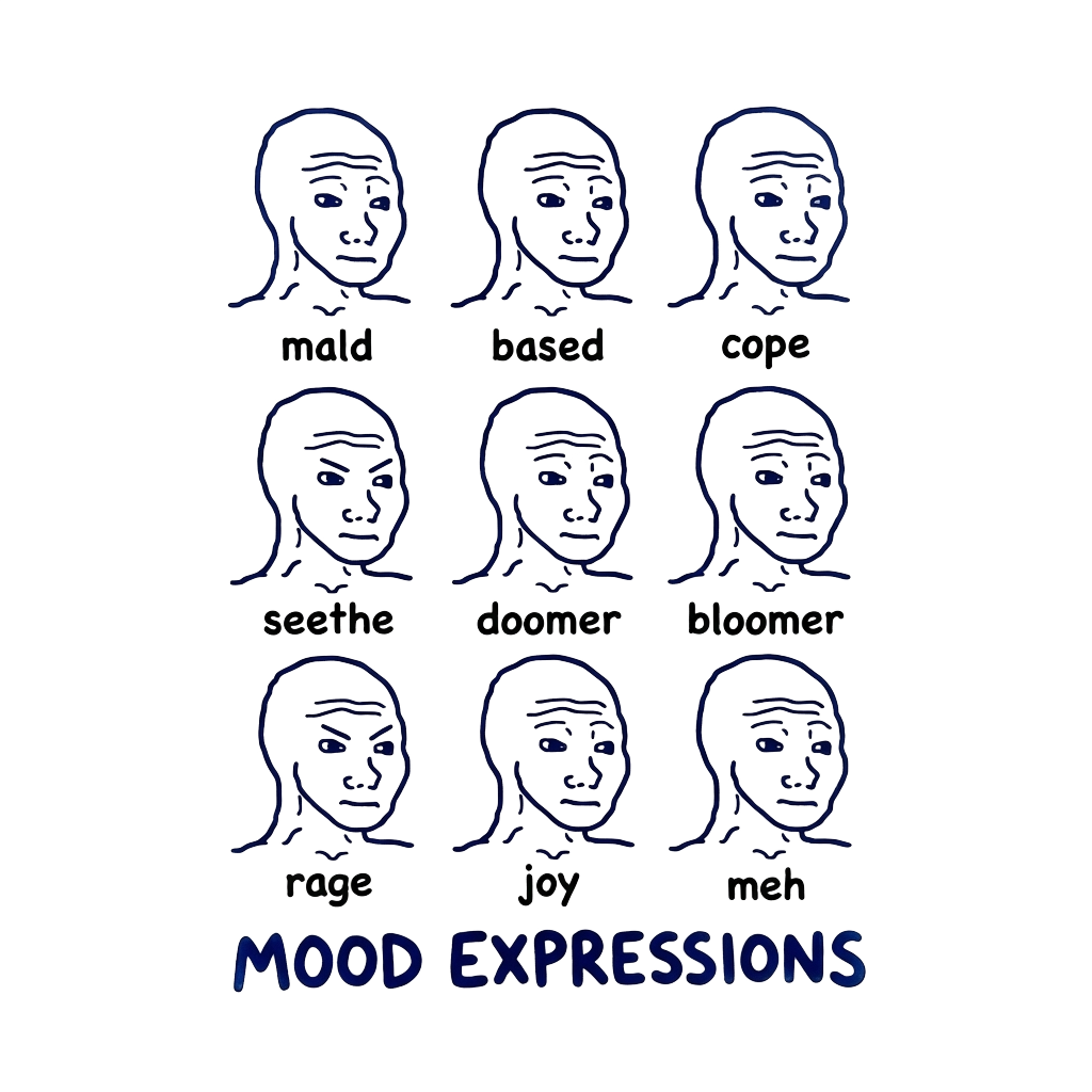 Custom sticker: A transparent sheet containing 6–9 minimal-line Wojak heads, each labeled with a mood like 'mald,' 'b...