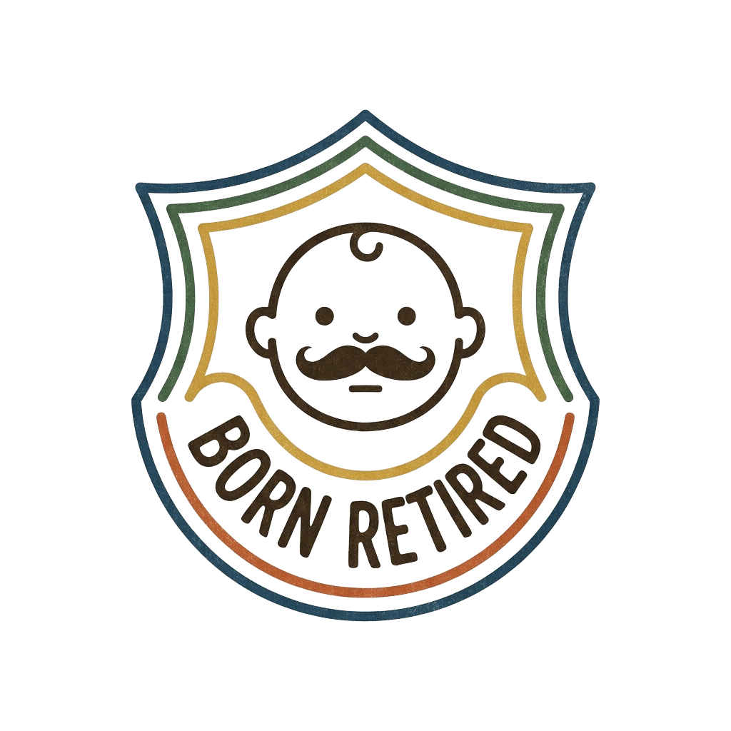 Custom sticker: A tiny, deadpan baby face with a comically mustached grin, rendered in soft, minimal linework with a ...