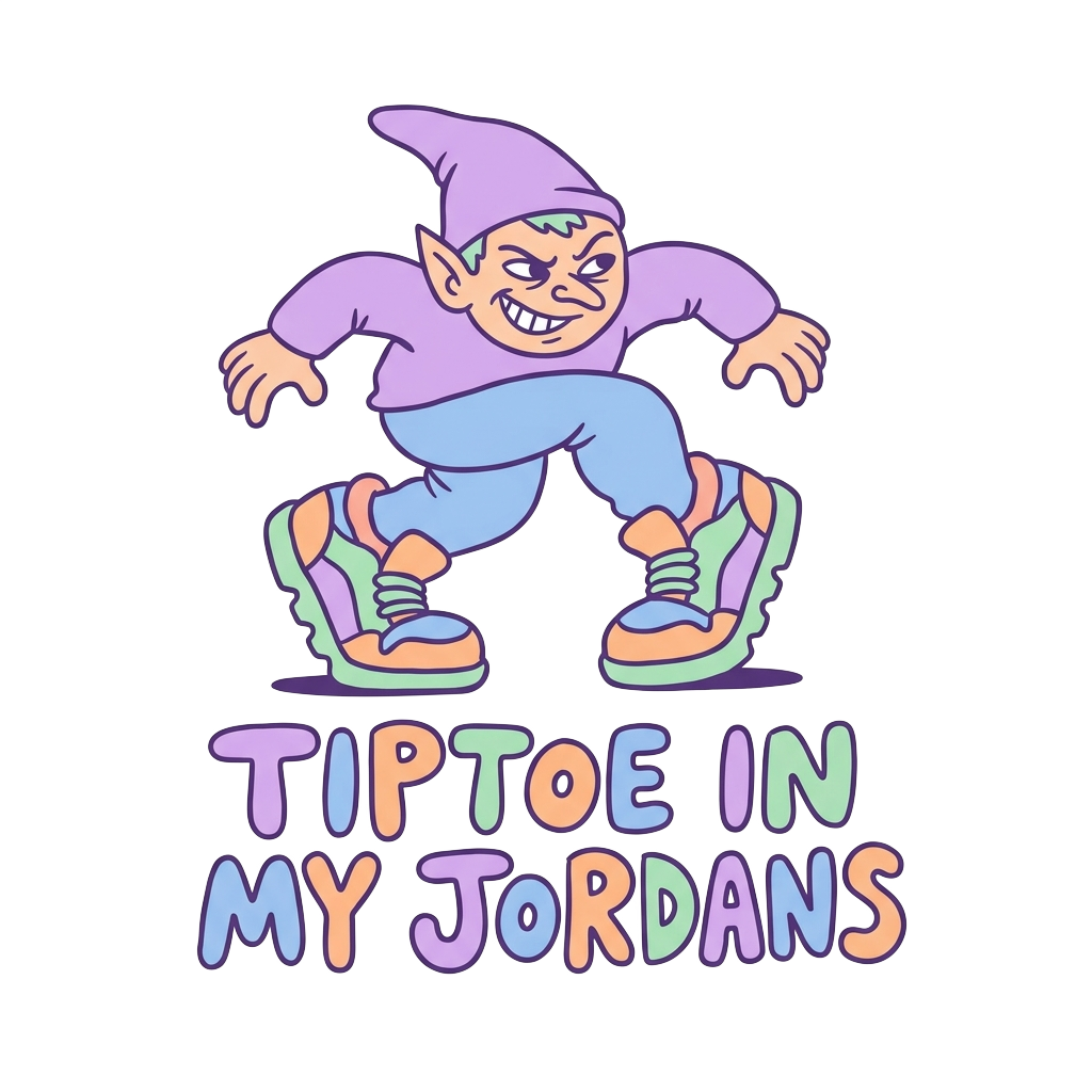 Custom sticker: A mischievous, pastel-toned caricature of Rumpelstiltskin mid-strut, oversized sneakers accentuating ...