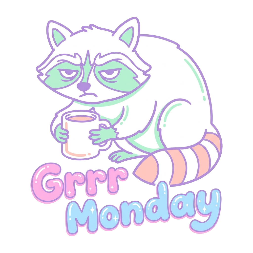 Custom sticker: A pastel-lined, grumpy raccoon with half-closed eyes, clutching a coffee cup, with the words "Grrr Mo...
